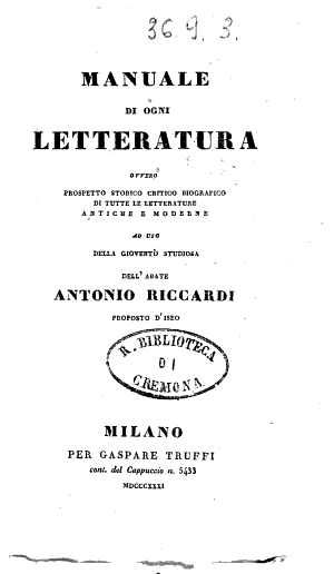 Copertina di Manuale di ogni letteratura, ovvero Prospetto storico critico biografico di tutte le letterature antiche e moderne ad uso della gioventù studiosa