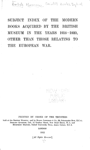 Copertina di Subject Index of the Modern Books Acquired by the British Museum in the Years 1916-1920