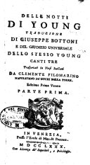 Copertina di Delle notti di Young traduzione di Giuseppe Bottoni e del Giudizio universale dello stesso Young canti tre trasportati in versi italiani da Clemente Filomarino napoletano de' Duchi della Torre. Parte prima -seconda