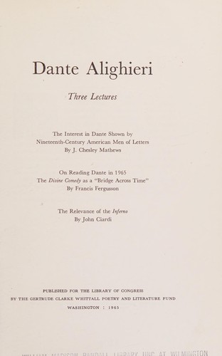 Copertina di Dante Alighieri: three lectures