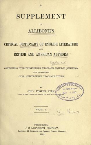 Copertina di A Supplement to Allibone's Critical Dictionary of English Literature and British and American Authors