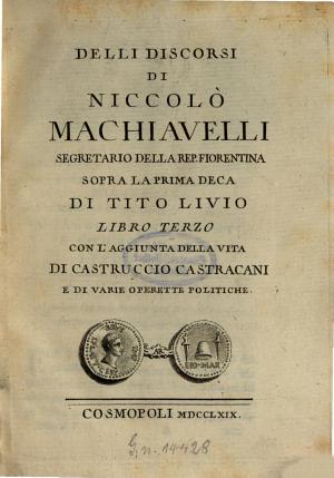 Copertina di Discorsi di Niccolò Machiavelli ... sopra la prima deca di Tito Livio