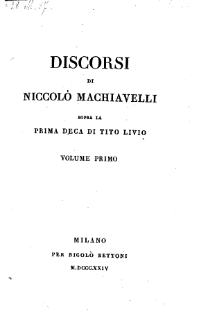 Copertina di Discorsi di Niccolo Machiavelli sopra la prima deca di Tito Livio....
