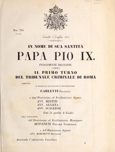 Copertina di Il primo turno del tribunale criminale di Roma [...] Romana di peculato con abuso di ufficio contro Gio. Pietro Marchese Campana [...] Sentenza