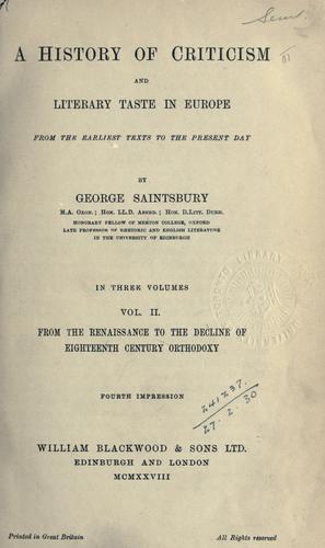 Copertina di A history of criticism and literary taste in Europe from the earliest texts to the present day