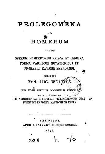 Copertina di Prolegomena ad Homerum, sive, De operum Homericorum prisca et genuina forma variisque mutationibus et probabili ratione emendandi